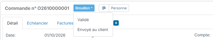 Menu de changement de statut d'une commande