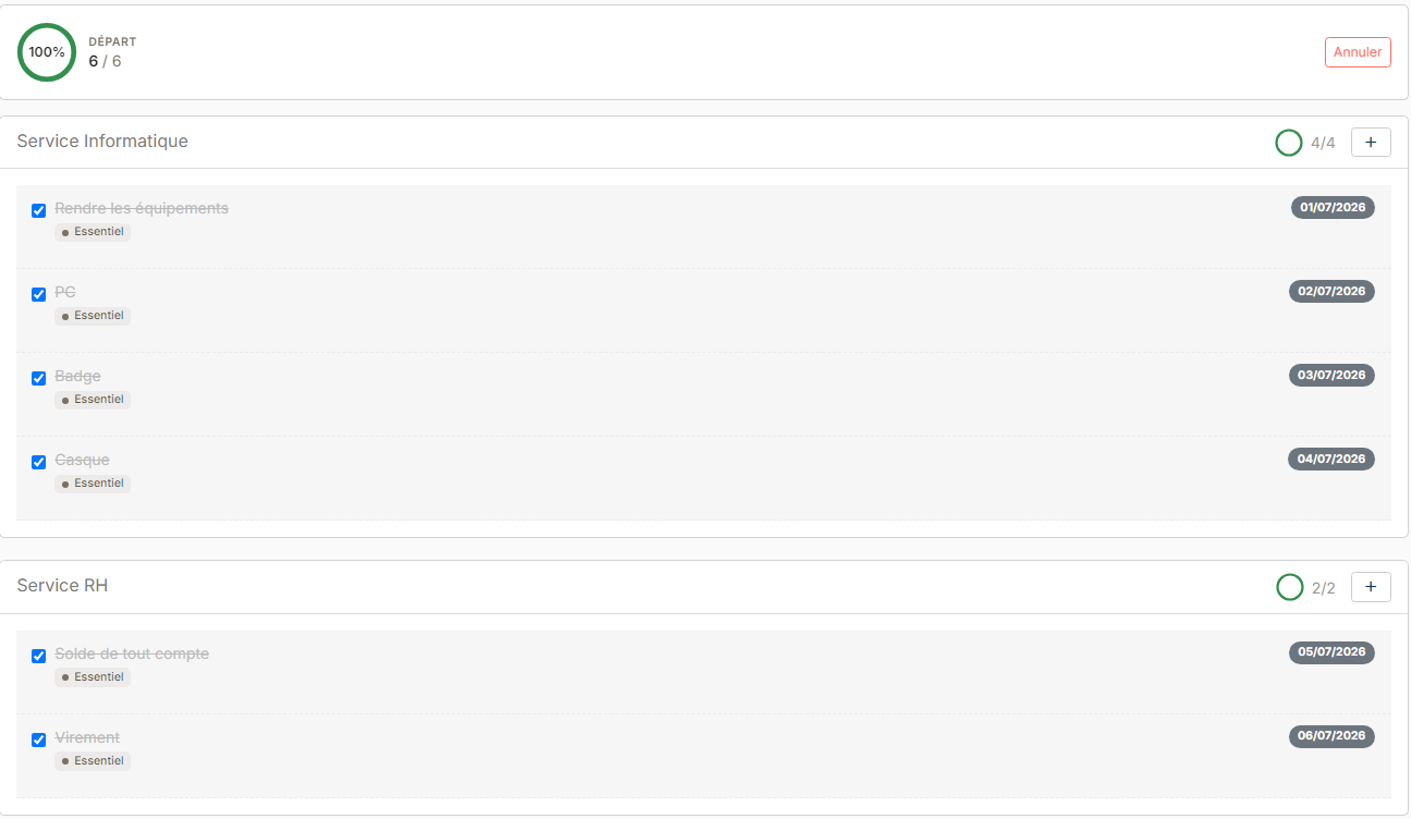 Offboarding section of an employee: checklist completed at 100%