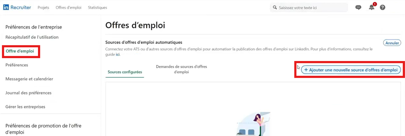 LinkedIn Recruiter, onglet Offre d'emploi et bouton Ajouter une nouvelle source d'offres d'emploi