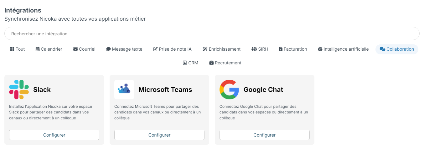 Écran Intégrations filtré sur Collaboration : Slack, Microsoft Teams, Google Chat