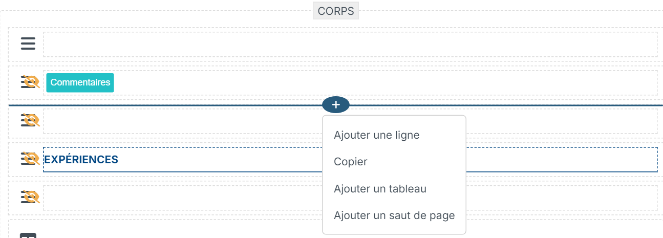 + button between two rows and its menu: add a row, copy, add a table, add a page break