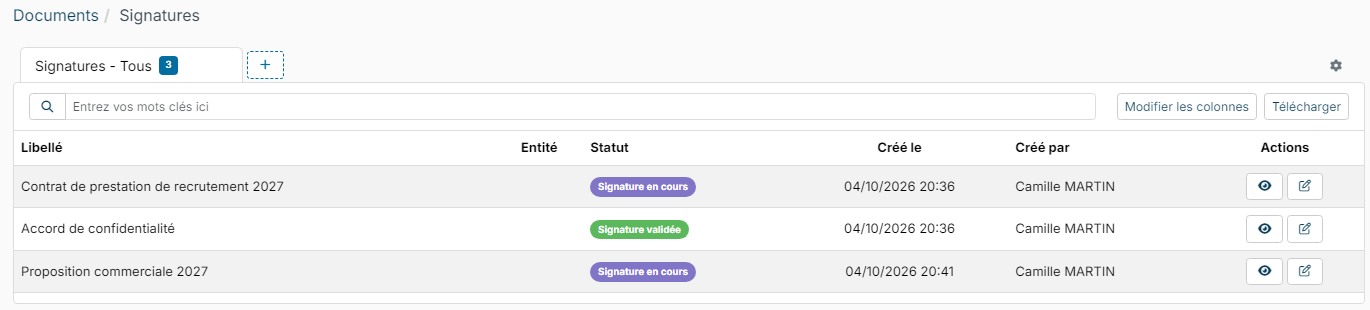 List of signature requests with their status: in progress or validated