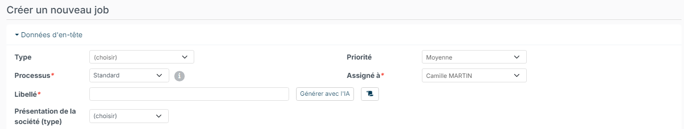 Formulaire de création d'un job sans champ Référence
