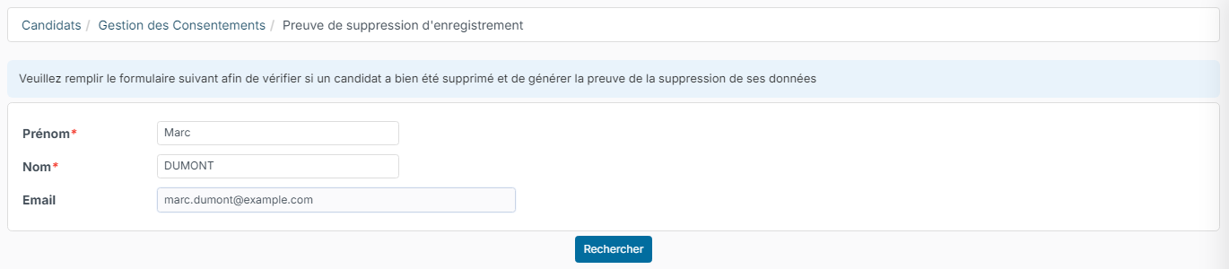 Formulaire Preuve de suppression d'enregistrement