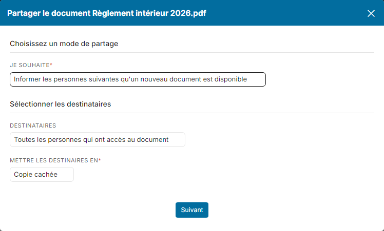 Share document window: sharing mode, recipients and copy type