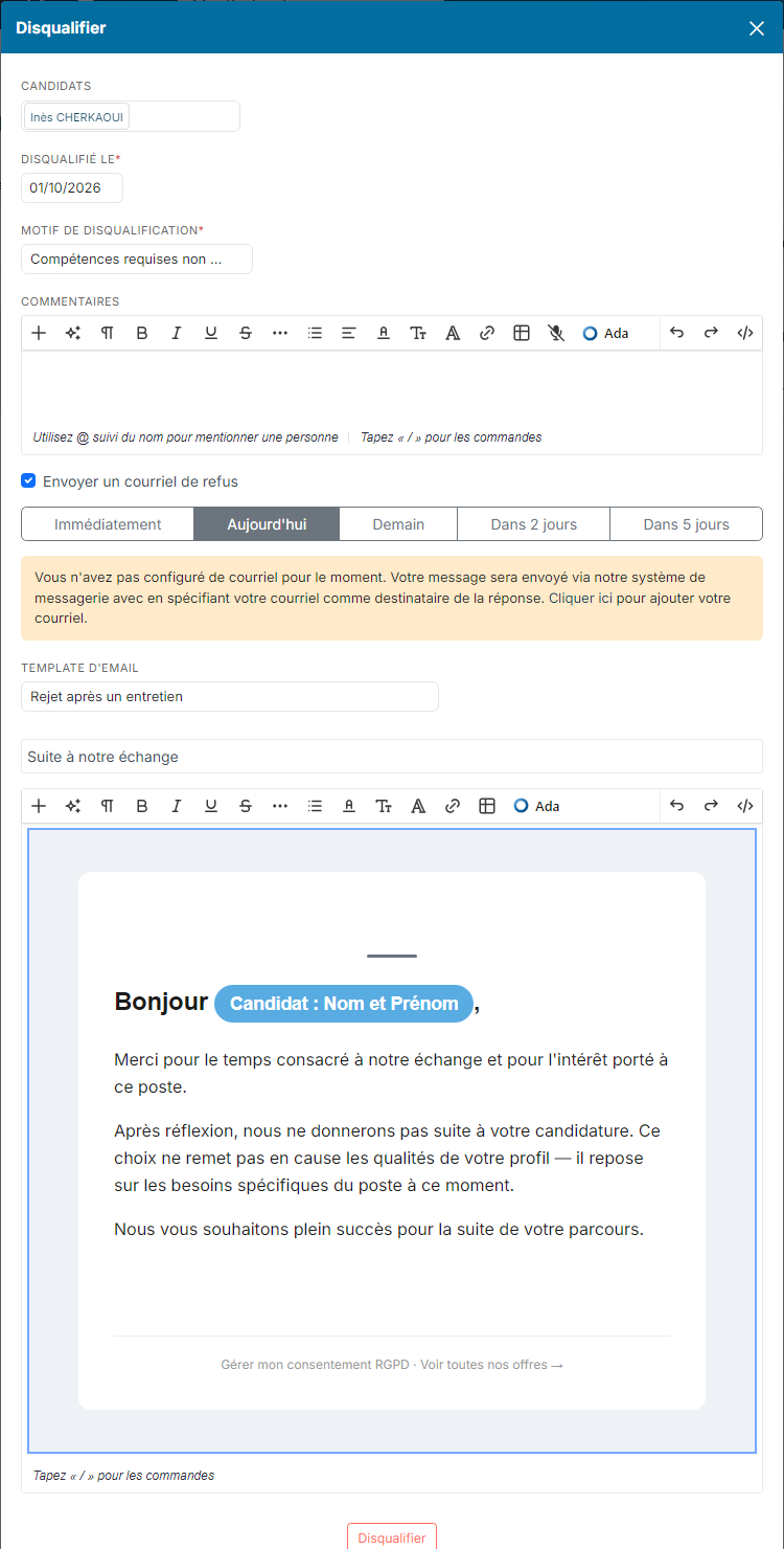 Fenêtre Disqualifier avec l'envoi d'un courriel de refus