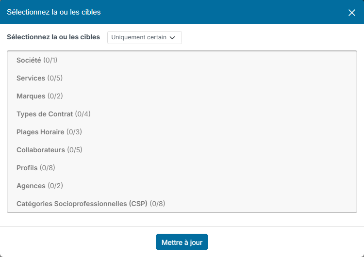 Fenêtre Sélectionnez la ou les cibles avec l'option Uniquement certain et la liste des catégories
