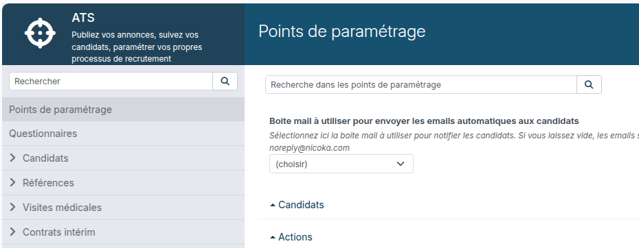 Page Points de paramétrage du module ATS, section Candidats repliée