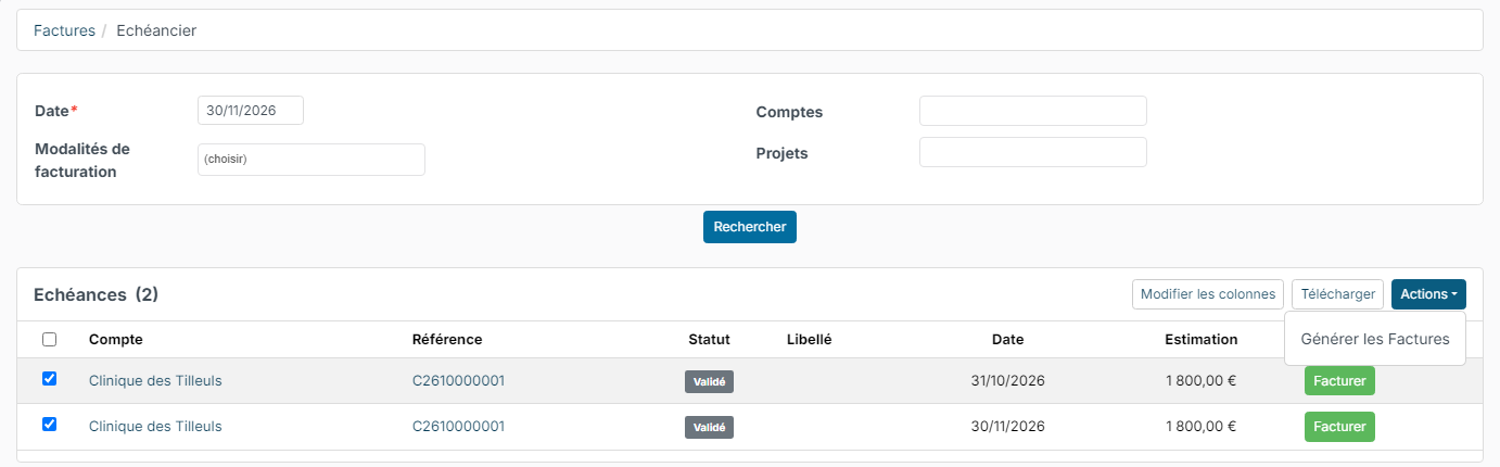 Billing schedule screen of the invoice list: two deadlines ticked and the Actions menu open on Generate Invoices