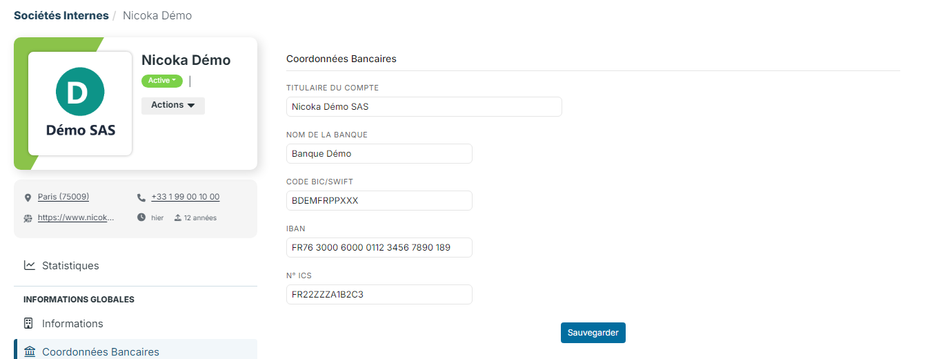 Page Coordonnées Bancaires de la société : titulaire, banque, BIC, IBAN et numéro ICS