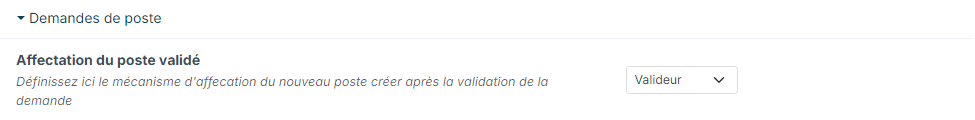 Point de paramétrage Affectation du poste validé réglé sur Valideur