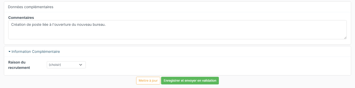 Bas de la fiche d'une demande avec les boutons Mettre à jour et Enregistrer et envoyer en validation