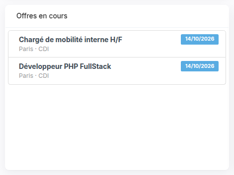 Widget Offres en cours avec deux offres, leur ville, leur type de contrat et leur date de publication
