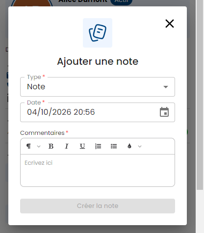 Fenêtre Ajouter une note : type, date et commentaires