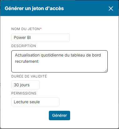 Generate an access token window: name, description, 30-day validity, read-only permissions