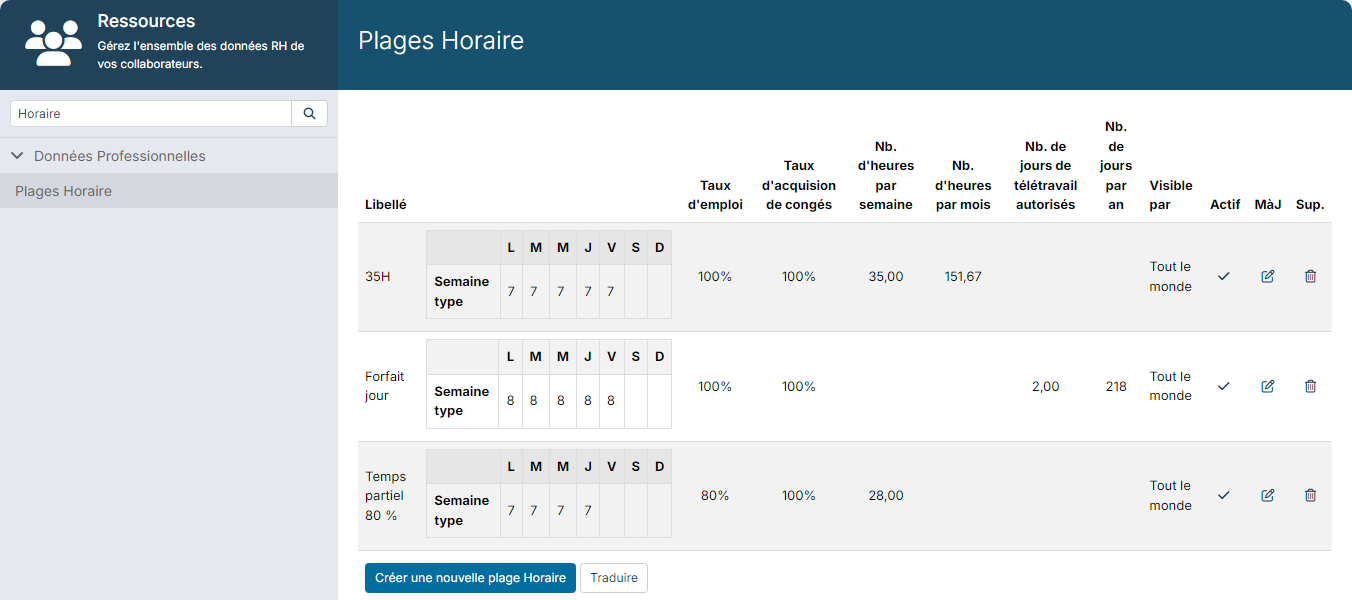 Paramétrage du module Ressources : recherche Horaire et liste des plages horaires