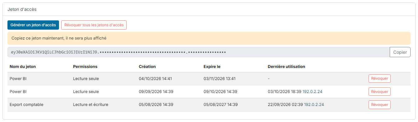 New token shown once with the Copy button, above the list of tokens