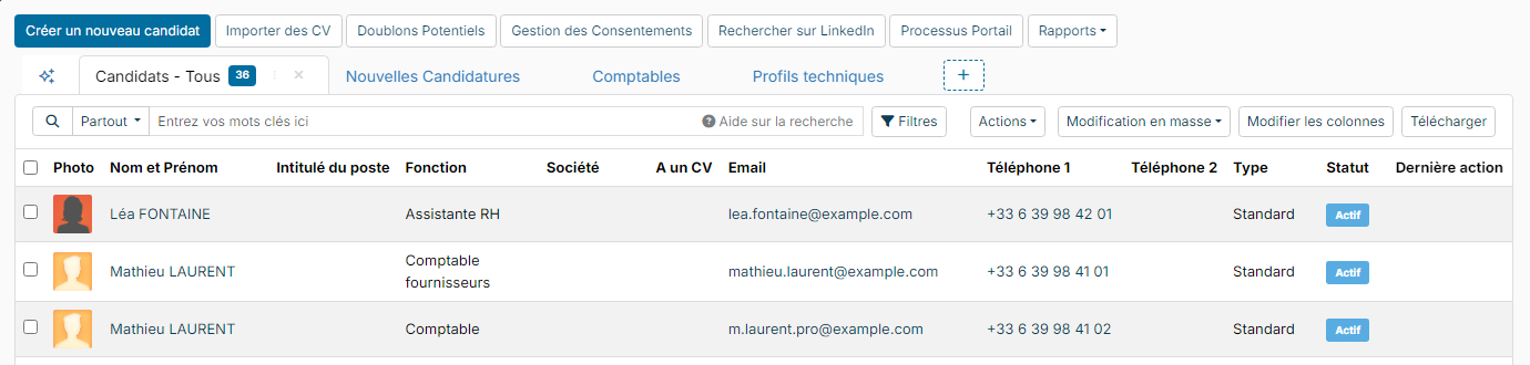 Candidate list with the variant tabs Candidats - Tous, Nouvelles Candidatures, Comptables and Profils techniques