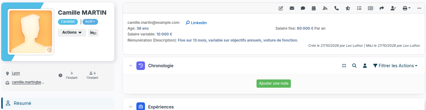 Onglet Résumé d'une fiche candidat : âge, salaire fixe, salaire variable et description de la rémunération