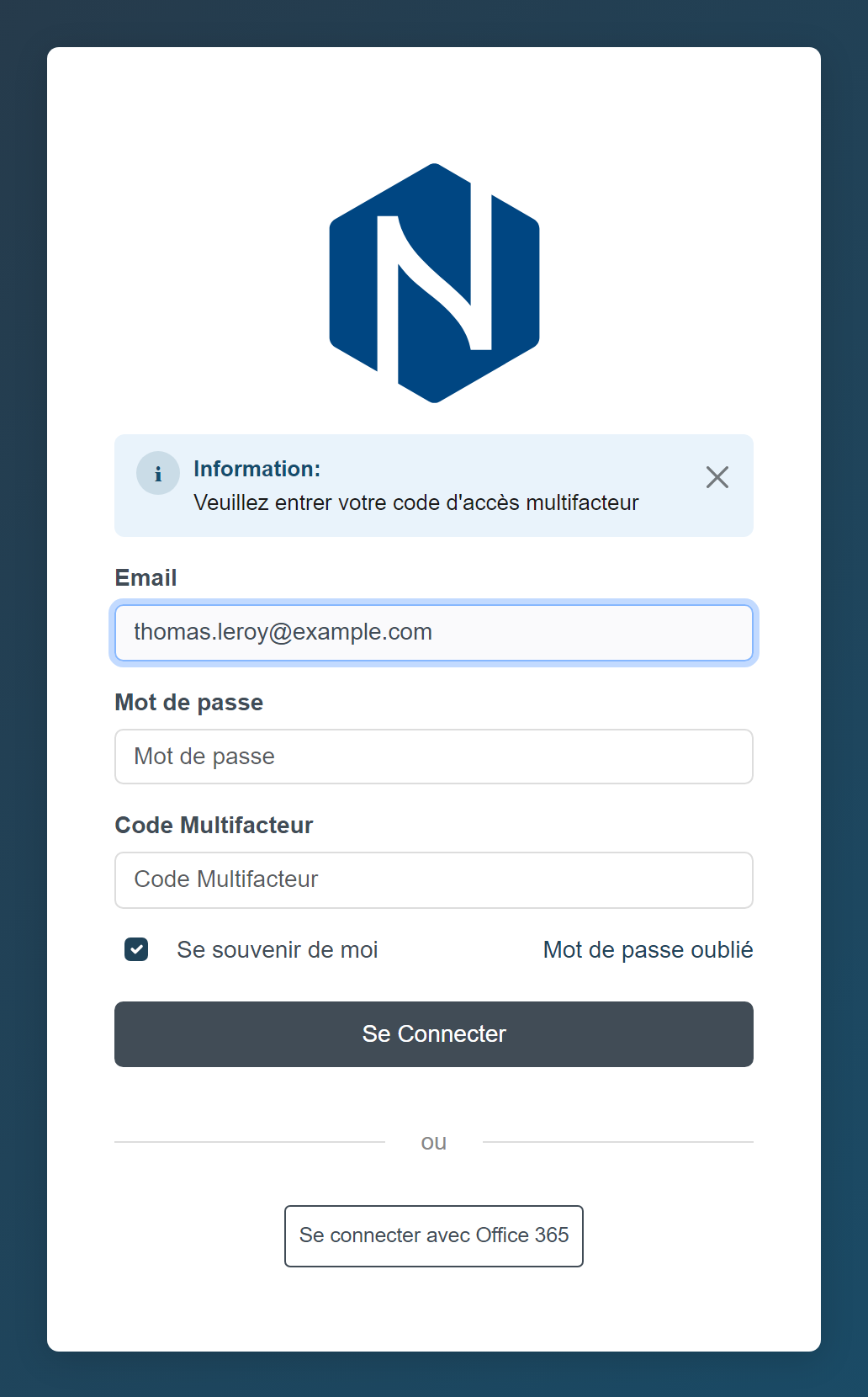 Login page with the Multifactor code field