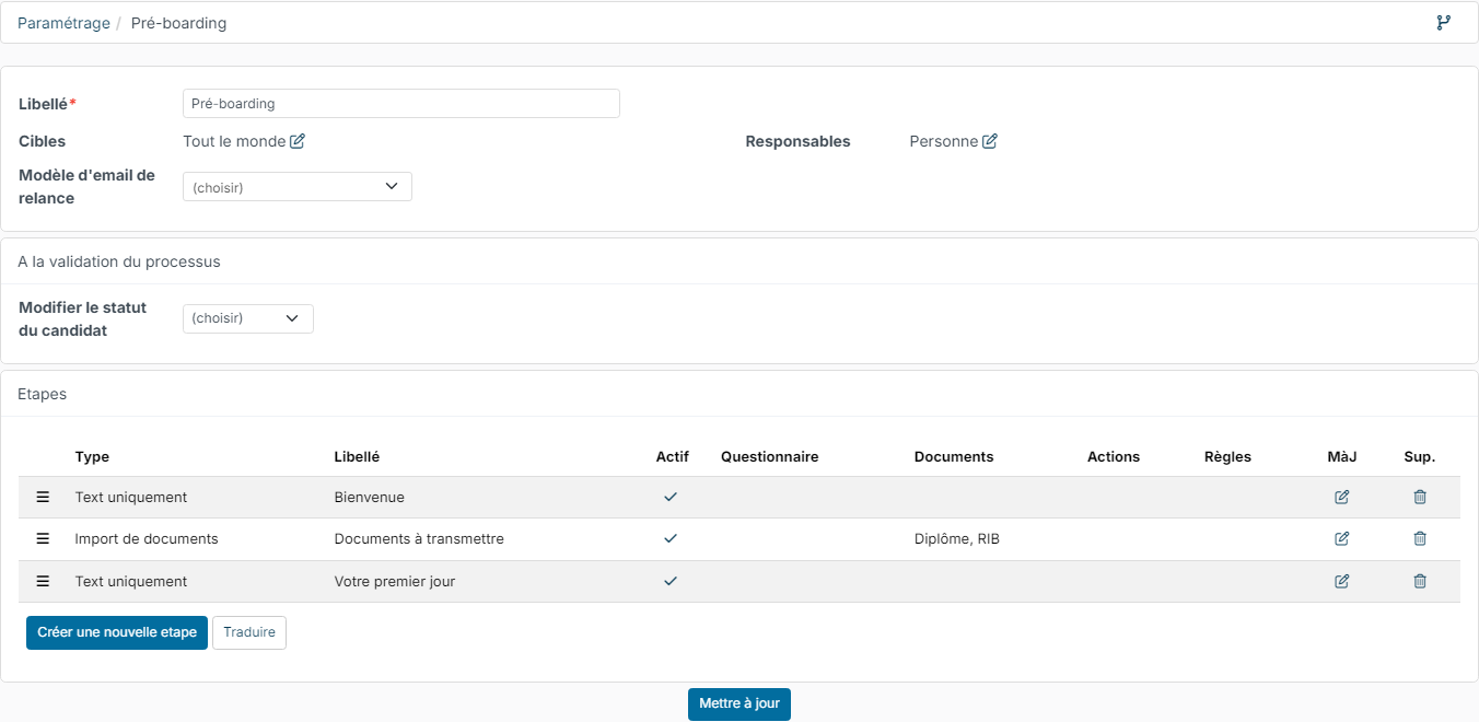 Fiche d'un workflow de pré-boarding avec trois étapes