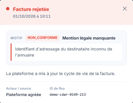 Rejection details: reason and certified platform origin