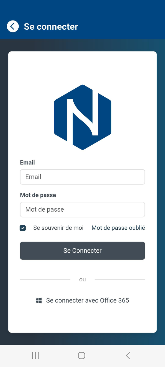 App login screen: email, password and Office 365 login