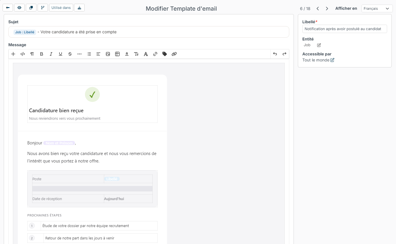Modèle d'email Notification après avoir postulé au candidat