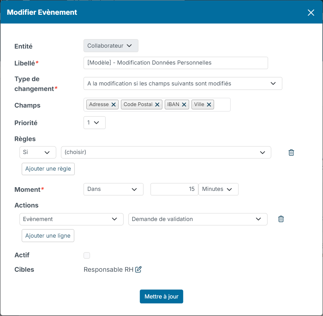 Event window: approval request sent to the HR manager when an employee's address, postcode, IBAN or city changes
