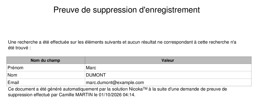 Document PDF Preuve de suppression d'enregistrement