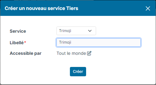 Fenêtre Créer un nouveau service Tiers avec le service Trimoji