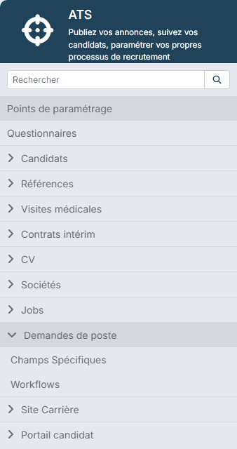 Paramétrage de l'ATS avec le groupe Demandes de poste déplié : Champs Spécifiques et Workflows