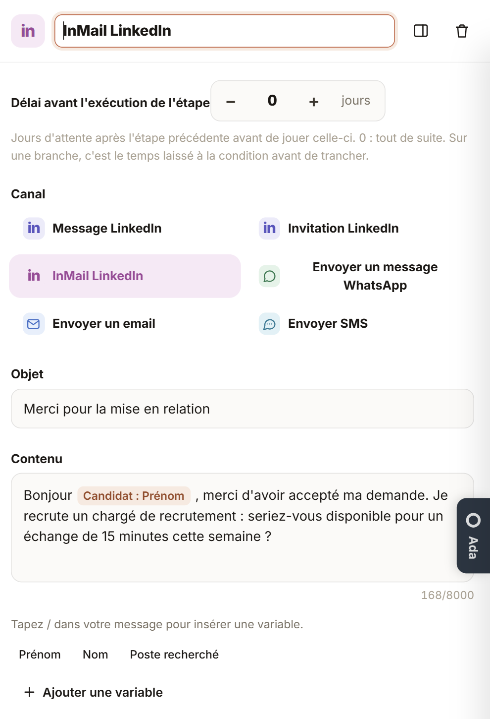 Réglage de l’étape InMail LinkedIn : objet et contenu