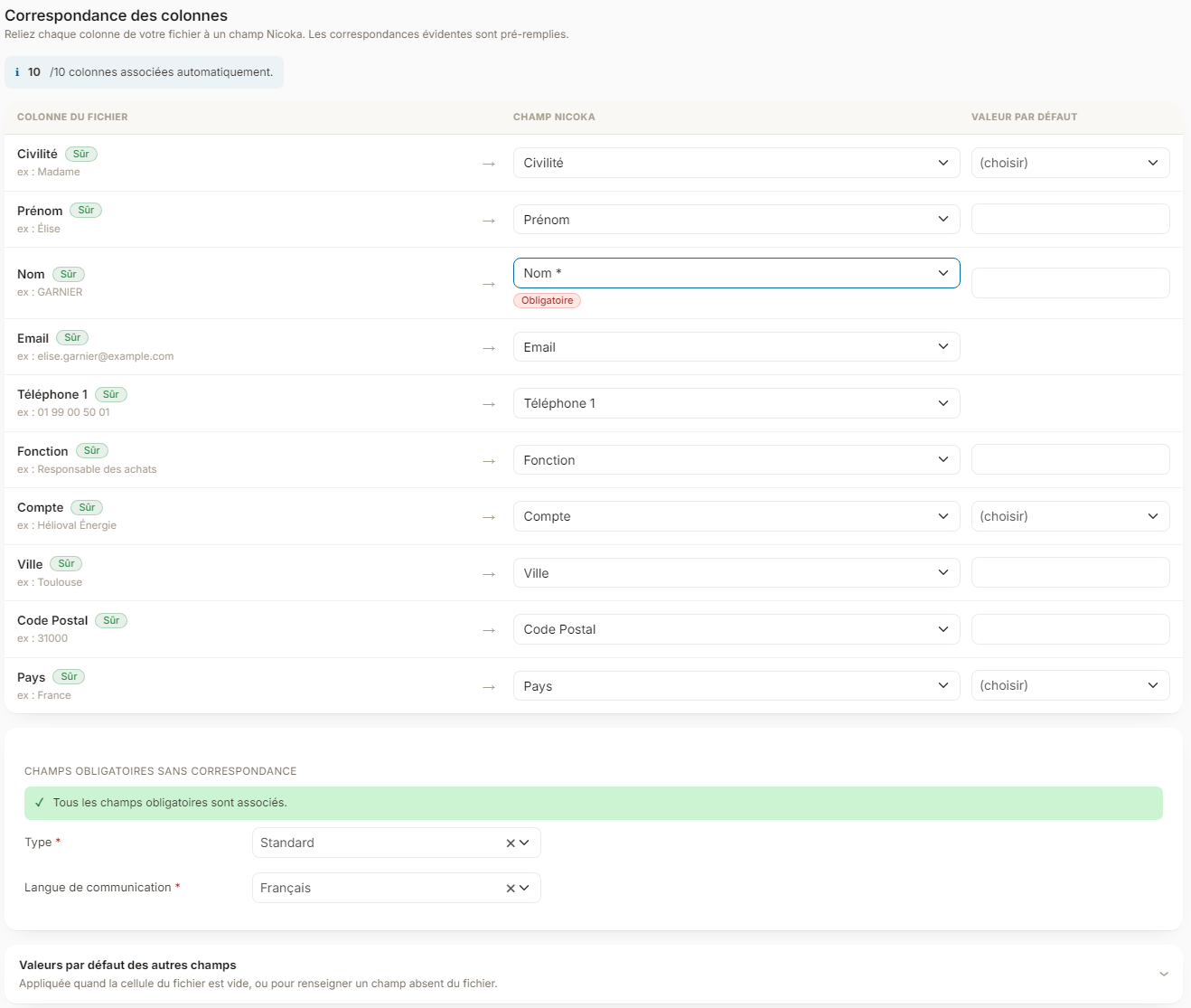Mapping step: file columns linked to Nicoka fields, and values for the required type and communication language fields