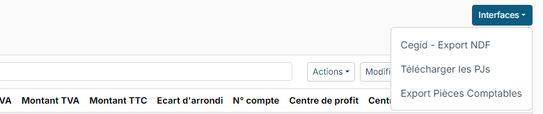 Menu Interfaces des notes de frais avec Export Pièces Comptables