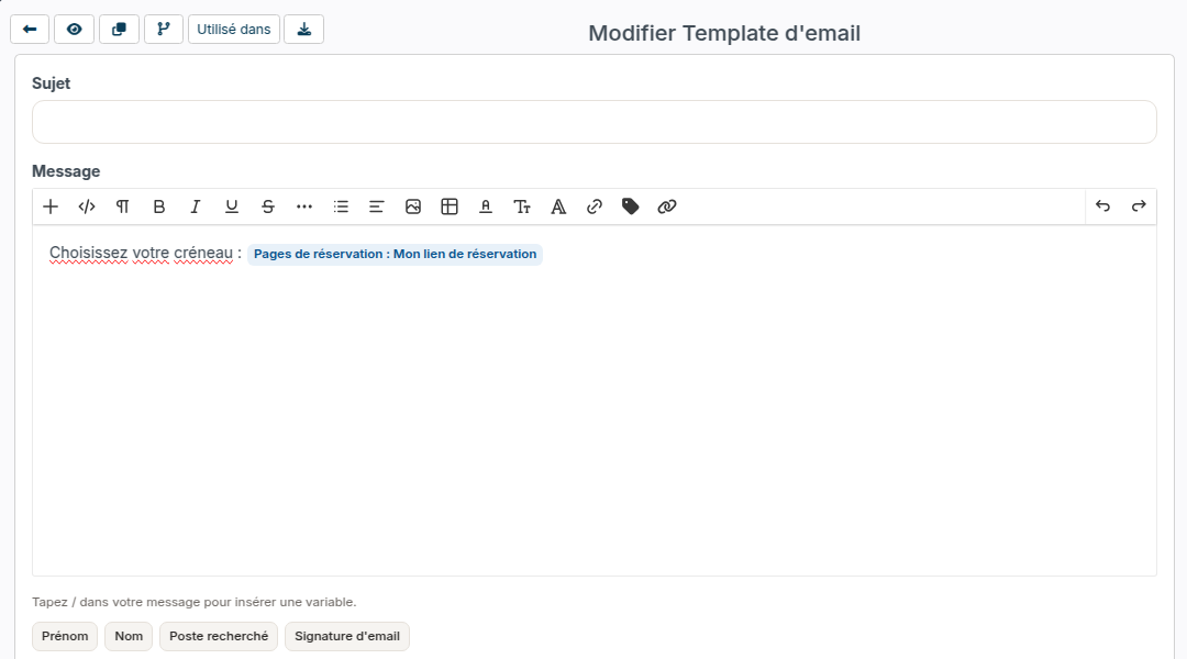 Modèle d'email avec la variable Pages de réservation : Mon lien de réservation
