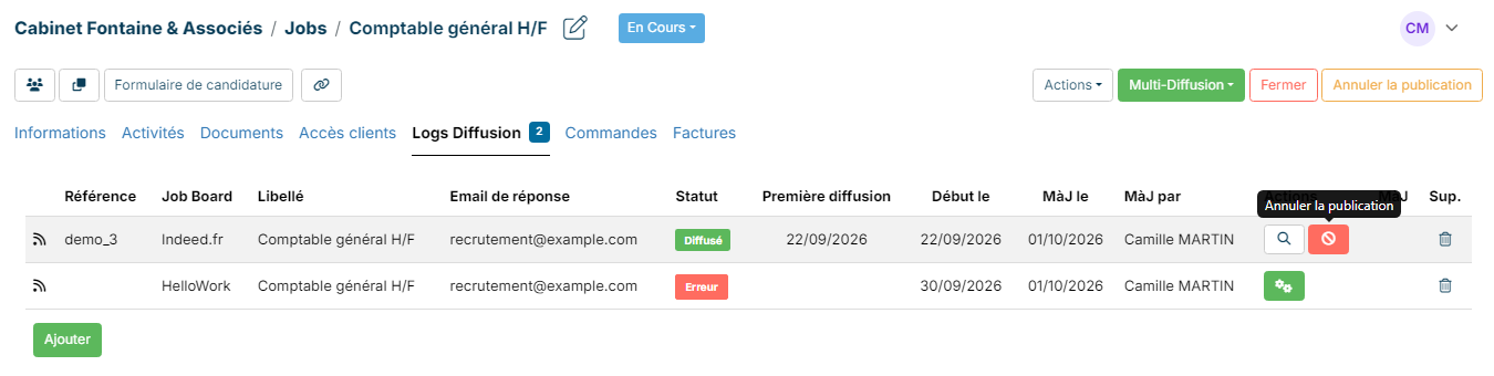 Posting Log tab of a job