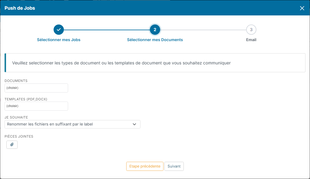 Étape 2 du push de jobs : documents, templates et pièces jointes
