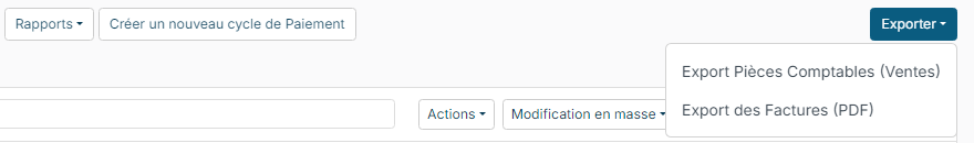 Menu Exporter de la liste des factures avec Export Pièces Comptables (Ventes)