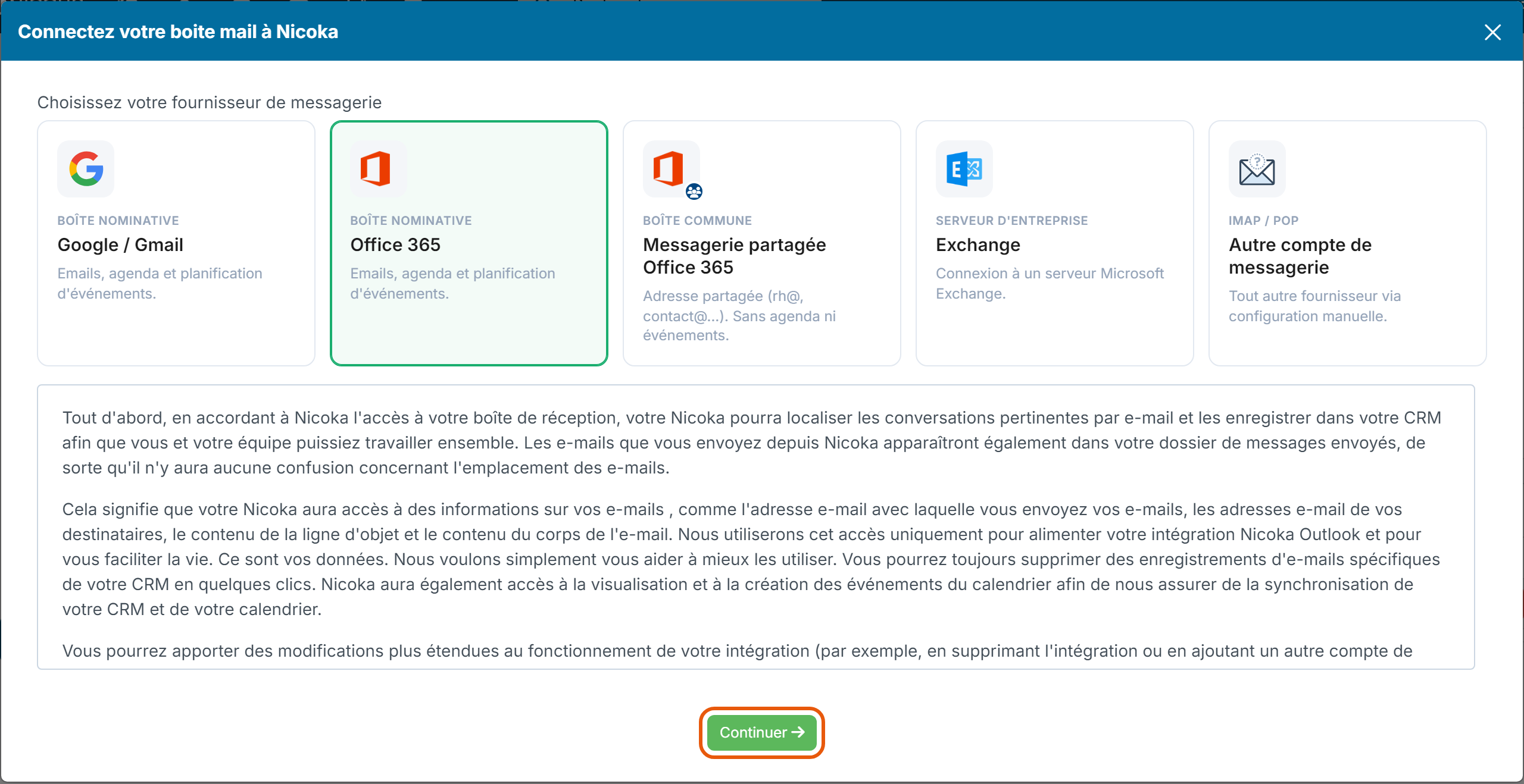 Connect your mail box to Nicoka window, Office 365 card selected