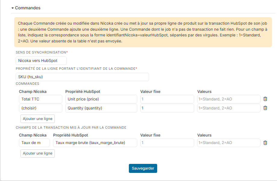 Section Commandes : propriété portant l'identifiant de la commande, correspondance de la ligne et champs de la transaction mis à jour