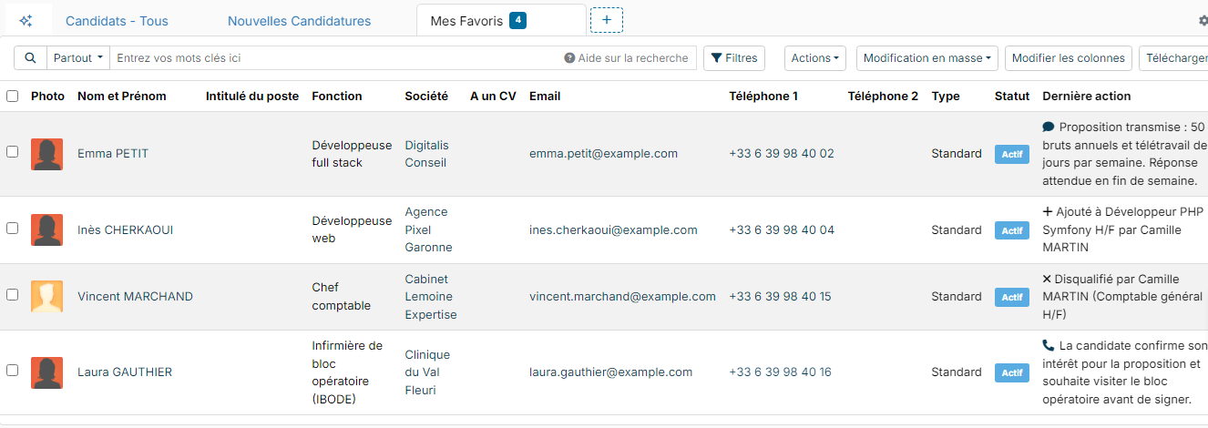 Onglet Mes Favoris de la liste des candidats avec quatre candidats