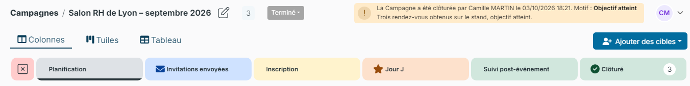 Campagne terminée avec le bandeau de clôture : auteur, date, motif Objectif atteint et commentaire