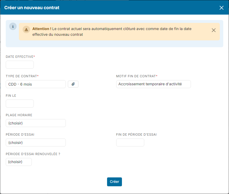 Create a new contract window with a fixed-term contract and its reason