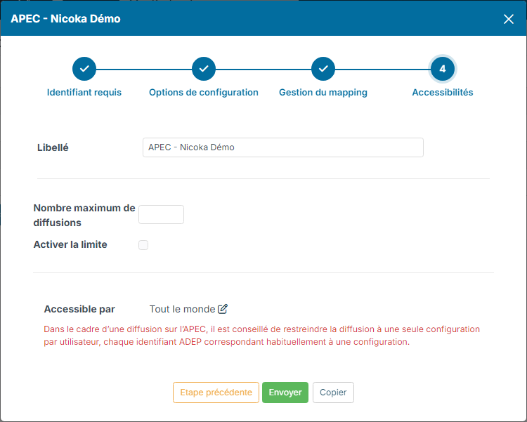 Access settings step of the APEC configuration