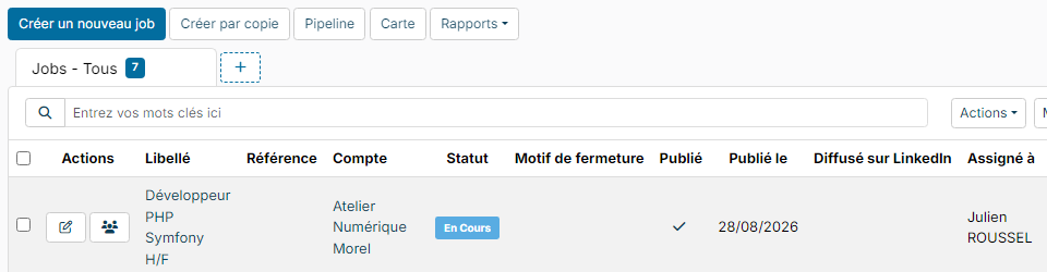 Liste des jobs avec le bouton Créer un nouveau job
