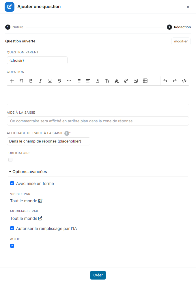 Panneau Ajouter une question, étape Rédaction d'une question ouverte
