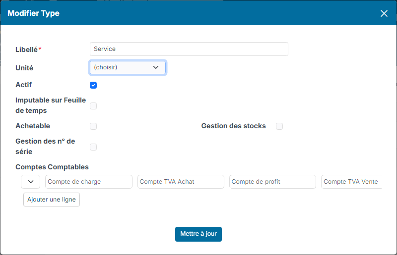 Fenêtre Modifier Type avec les comptes de charge, de TVA achat, de profit et de TVA vente