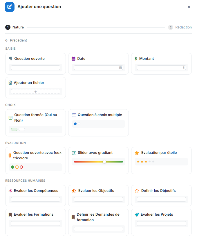 Panneau Ajouter une question : types de questions classés en Saisie, Choix, Évaluation et Ressources humaines