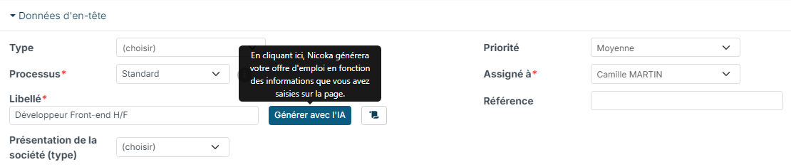 Libellé renseigné et bouton Générer avec l'IA avec sa bulle d'aide